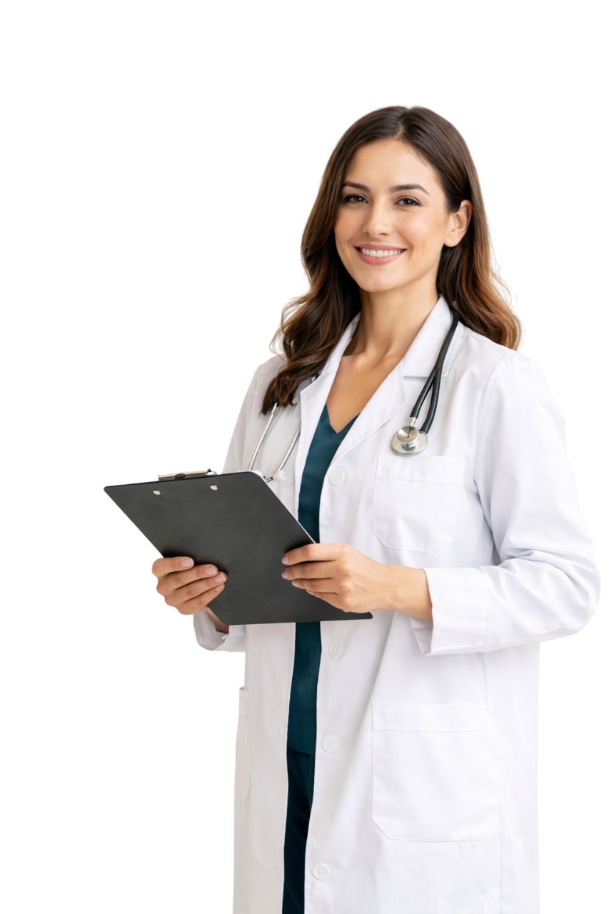 Dr. Lina June in a white lab coat with stethoscope and clipboard